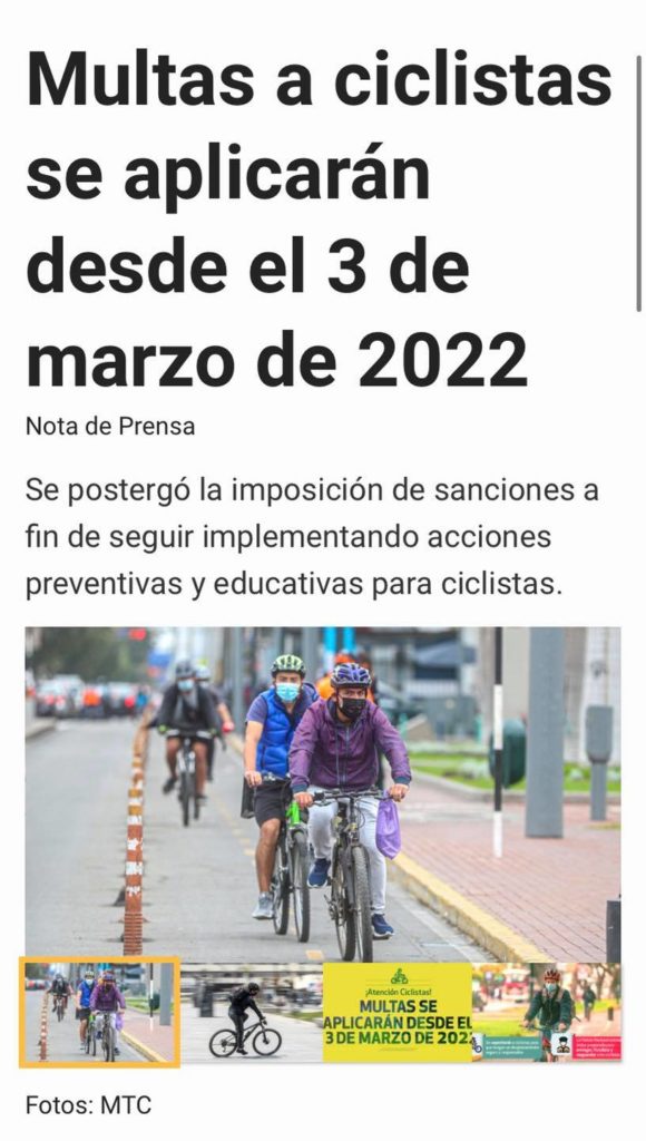 Prórroga de multas ciclistas hasta marzo 2022